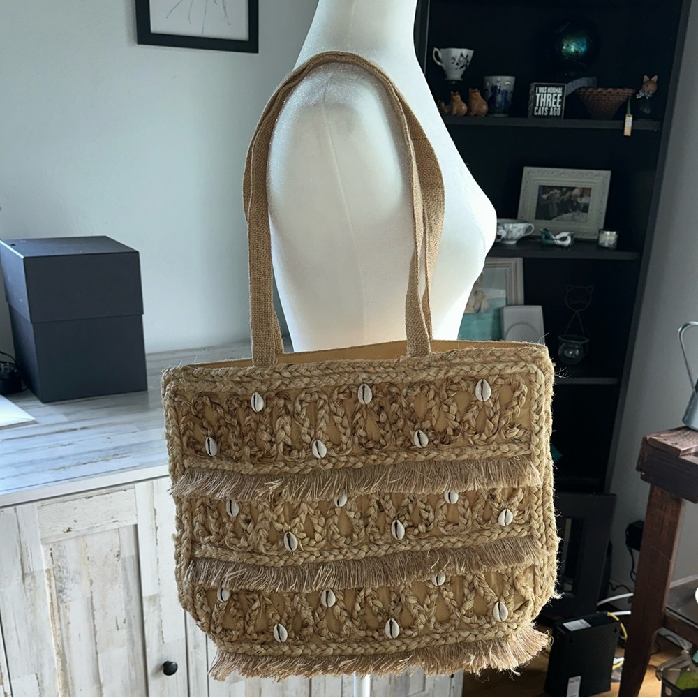 Beige Woven Tote Bag with Shell Accents